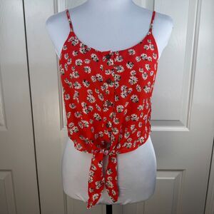 Papermoon Women Top Sz S Red Flower Print Buttons Round Neck Straps Front Tie
